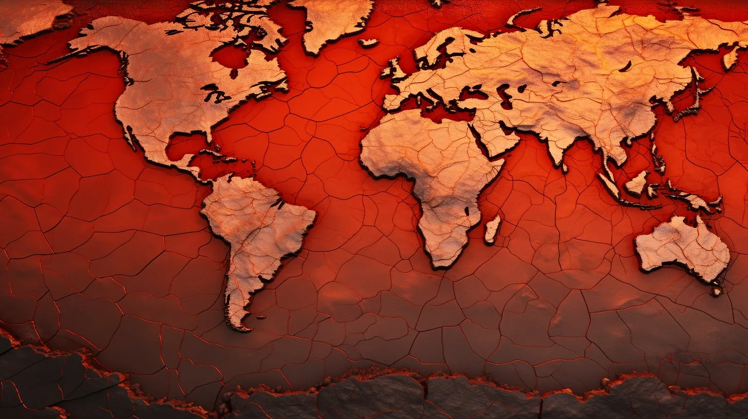 Globo terráqueo con océanos en tonos rojos y naranjas intensos mostrando anomalías de temperatura